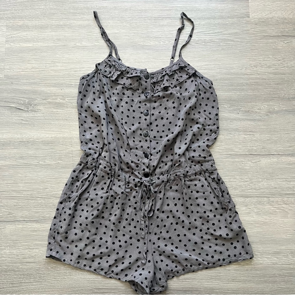 Xhilaration Polka Dot Grey & Black Indie Romper Button Front